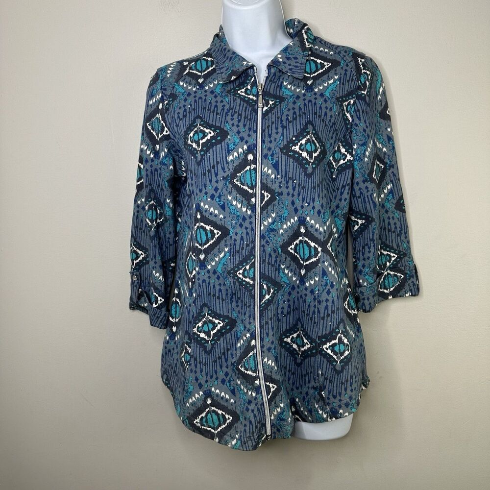Three Hearts Jacket Women Small Full Zip Blue Graphic Print Stretch Athleisure